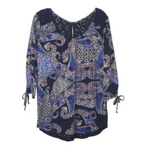 Lucky Brand Womens Boho Blue Paisley Lace Back 3/4 Tie Sleeve Blouse Top Size XL